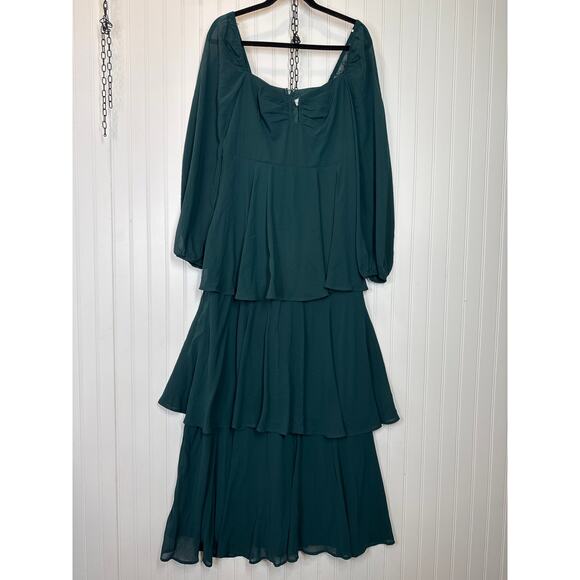 NWOT Lulus Tier to Enchant Emerald Green Long Sleeve Tiered Maxi Dress Size L - Picture 1 of 8